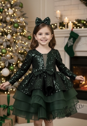 Официална детска рокля с дълъг ръкав в зелено с дълъг ръкав с пайети и тюл и фиба за коса Селина
