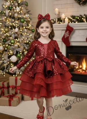 Официална детска рокля с дълъг ръкав в червено с дълъг ръкав с пайети и тюл и фиба за коса Селина