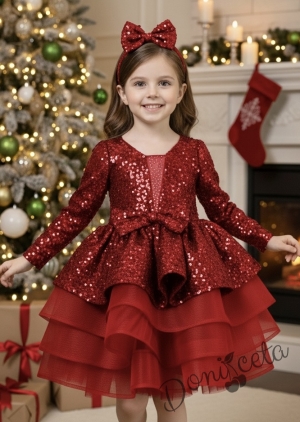Официална детска рокля с дълъг ръкав в червено с дълъг ръкав с пайети и тюл и фиба за коса Селина