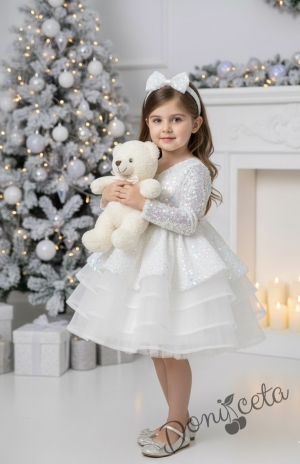 Официална детска рокля с дълъг ръкав в бяло с пайети и фиба за коса Селина