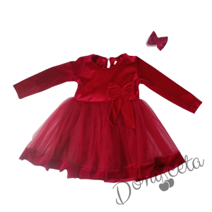 Детска коледна рокля в червено с тюл и панделка Тая и фиба за коса