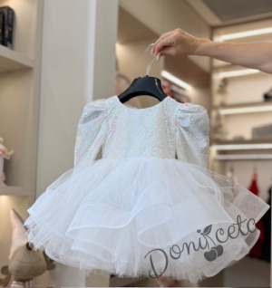 Официална детска къса рокля с дълъг ръкав в бяло с пайети Людмила с фиба за коса от колекция Снежина