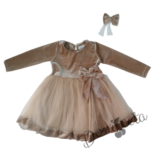 Детска рокля в бежово с тюл и панделка Тая и фиба за коса