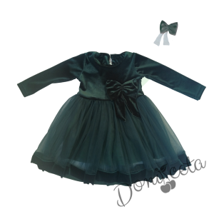 Детска рокля в зелено с тюл и панделка Тая и фиба за коса