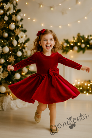 Детска коледна рокля в червено с панделка Елиса и фиба за коса