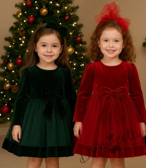 Детска рокля в зелено с тюл и панделка Тая и фиба за коса