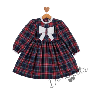 Детска коледна рокля с дълъг ръкав в каре с панделка