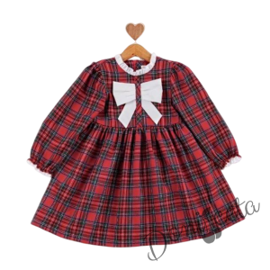 Детска коледна рокля с дълъг ръкав в червено каре с панделка