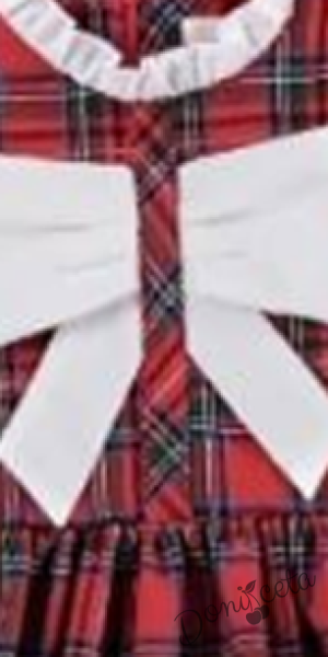 Детска коледна рокля с дълъг ръкав в червено каре с панделка