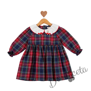 Бебешка коледна рокля с дълъг ръкав в каре с ефектна яка с гъбки