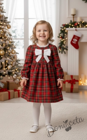 Детска коледна рокля с дълъг ръкав в червено каре с панделка