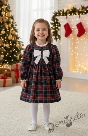 Детска коледна рокля с дълъг ръкав в каре с панделка