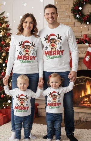 Детска, дамска или мъжка коледна блуза с дълъг ръкав в бяло с картинка на еленче