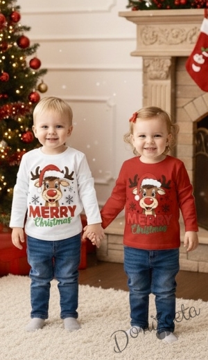 Детска, дамска или мъжка коледна блуза с дълъг ръкав в бяло с картинка на еленче