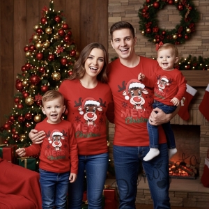 Детска, дамска или мъжка коледна блуза с дълъг ръкав в червено с картинка на еленче