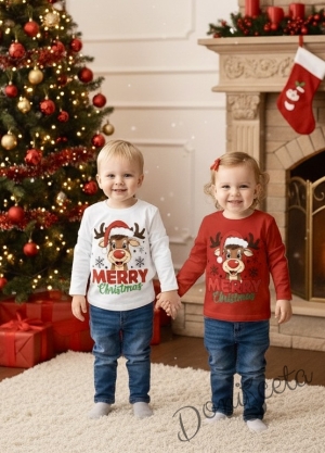 Детска, дамска или мъжка коледна блуза с дълъг ръкав в червено с картинка на еленче