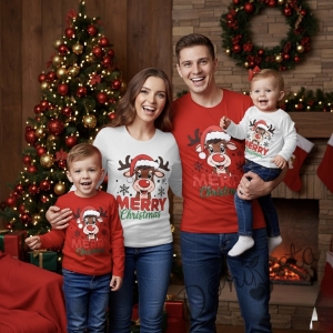 Детска, дамска или мъжка коледна блуза с дълъг ръкав в червено с картинка на еленче