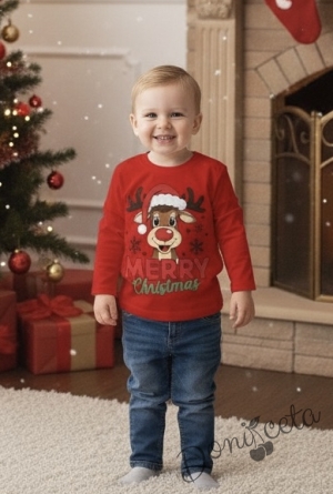 Детска, дамска или мъжка коледна блуза с дълъг ръкав в червено с картинка на еленче