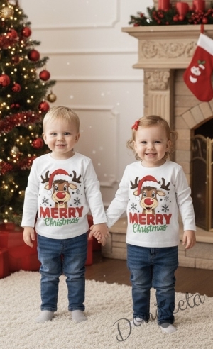 Дамска коледна блуза с дълъг ръкав в бяло с картинка на еленче