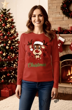 Дамска коледна блуза с дълъг ръкав в червено с картинка на еленче