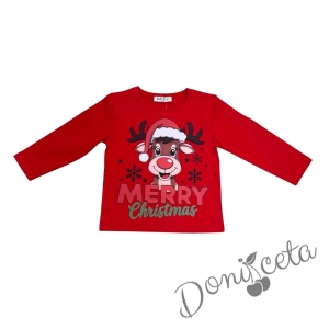 Дамска коледна блуза с дълъг ръкав в червено с картинка на еленче