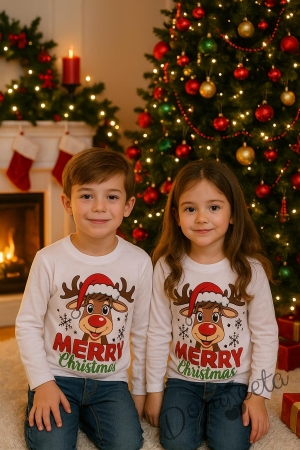 Дамска коледна блуза с дълъг ръкав в бяло с картинка на еленче