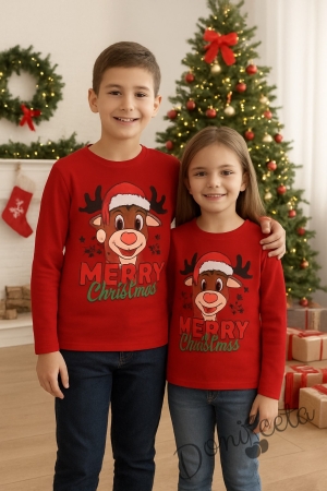 Дамска коледна блуза с дълъг ръкав в червено с картинка на еленче