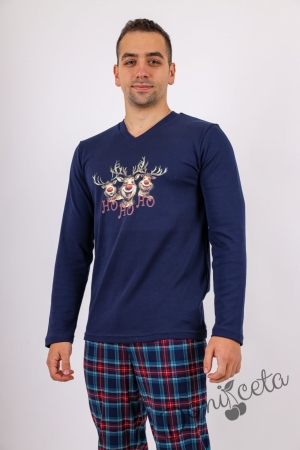 Мъжка коледна пижама в тъмносиньо с весели еленчета и надпис Блитцен