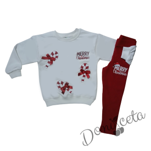 Коледен комплект за момиче от блуза в бяло с коледни мотиви и панделки и клин рипс в червено