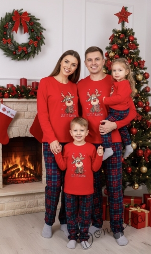 Детска, дамска или мъжка коледна пижама  в червено с весело еленче и надпис