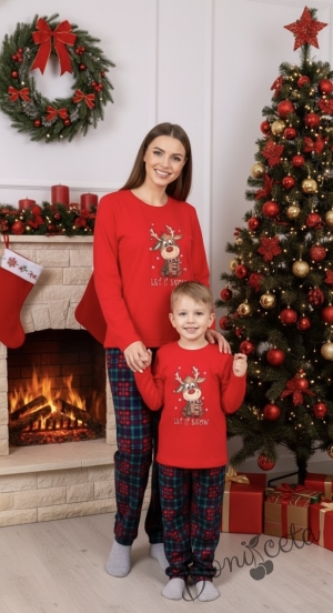 Детска, дамска или мъжка коледна пижама  в червено с весело еленче и надпис
