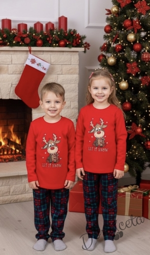 Мъжка коледна пижама  в червено с весело еленче и надпис