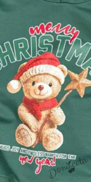 Коледен комплект за момче от блуза с качулка в зелено с мече и надпис и долнище в черно с мече