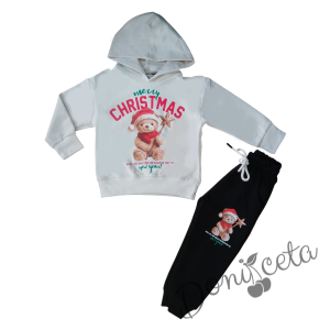 Коледен комплект за момче от блуза с качулка в бяло с мече и надпис и долнище в черно с мече