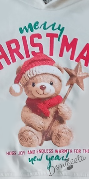 Коледен комплект за момче от блуза с качулка в бяло с мече и надпис и долнище в черно с мече