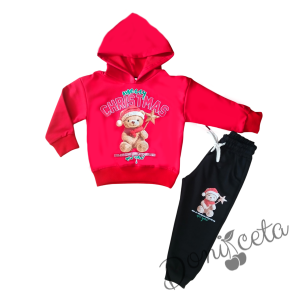 Коледен комплект за момче от блуза с качулка в червено с мече и надпис и долнище в черно с мече