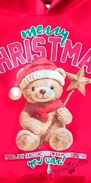 Коледен комплект за момче от блуза с качулка в червено с мече и надпис и долнище в черно с мече