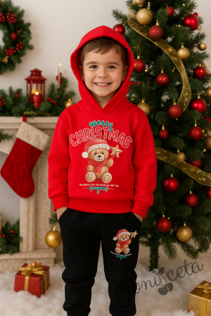 Коледен комплект за момче от блуза с качулка в червено с мече и надпис и долнище в черно с мече