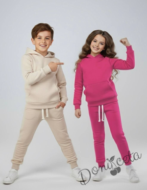  Комплект за момиче от ватиран суитшърт с качулка в розово и долнище в розово