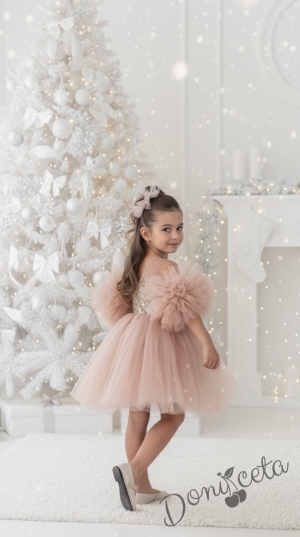 Детска официална рокля Блян с тюл в прасковено, помпони и панделка за коса