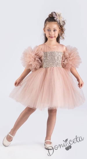 Детска официална рокля Блян с тюл в прасковено, помпони и панделка за коса