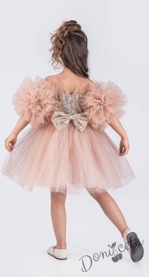 Детска официална рокля Блян с тюл в прасковено, помпони и панделка за коса
