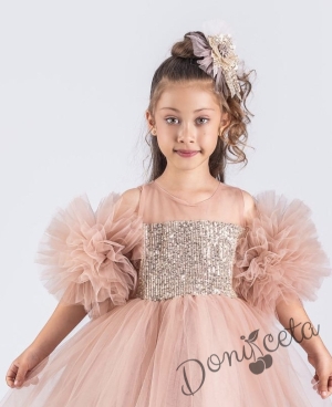 Детска официална рокля Блян с тюл в прасковено, помпони и панделка за коса