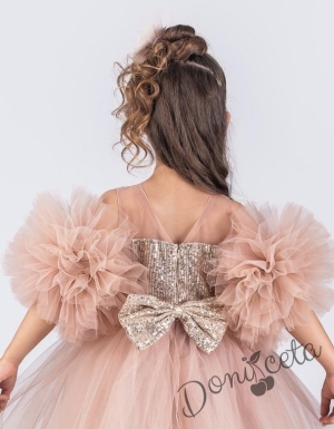 Детска официална рокля Блян с тюл в прасковено, помпони и панделка за коса