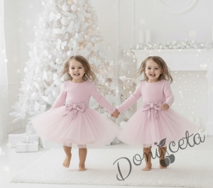 Официална детска рокля в екрю с ефектен плат и панделка в пепел от рози Сабина