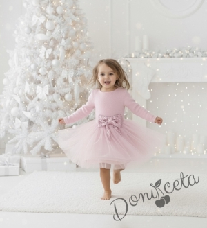 Официална детска рокля в екрю с ефектен плат и панделка в пепел от рози Сабина