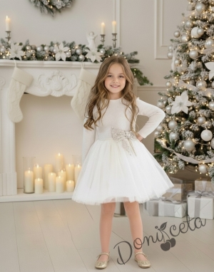 Официална детска рокля Сабина в екрю с ефектен плат и панделка в златисто бежово от колекция Бежина