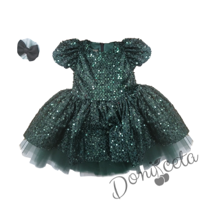 Детска коледна рокля в зелено с пайети Силия, тюл в зелено и фиба за коса