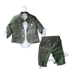 Бебешки елегантен костюм за момче от 4 части в зелено-боди-риза в бяло, сако в зелено, панталон и папийонка
