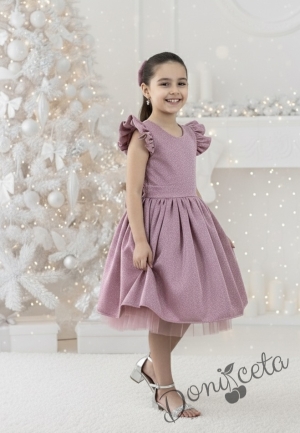 Официална детска рокля с къс ръкав с блясък в пепел от рози с тюл с панделка и фиба с панделка Балеа